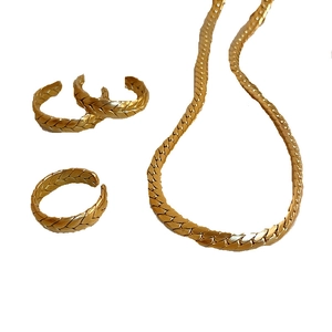 Golden woven texture necklace and clip-on earrings set in vintage stainless steel style