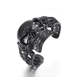 Punk black stainless steel skull head open bangle bracelet for men in gothic style