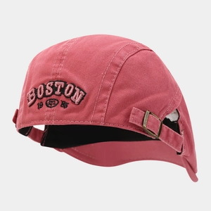 Detail of Boston 1985 embroidery on vintage washed pink cotton five-panel flat brim hat