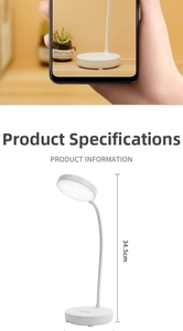 Detailed specs of white LED desk lamp featuring flexible hose and touch control height 34.5cm