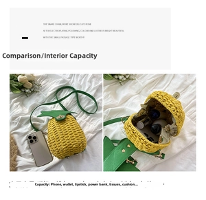 Detail showing the inner capacity and straw pineapple bag texture with green leaf lid