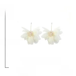 Dettaglio di orecchini a fiore in pizzo bianco fatti a mano con strass e lega