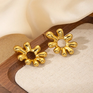 Elegant gold titanium steel hollow flower stud earrings with a vintage liquid metal texture