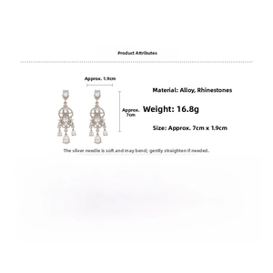 Detailed view of silver water drop earrings featuring sparkling rhinestones and measurements