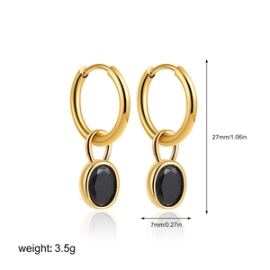 Detailed dimensions of 18K gold hoop earrings with black oval agate and zircon charms