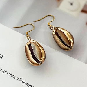 Bohemian style natural conch shell drop earrings with elegant gold alloy plating finish
