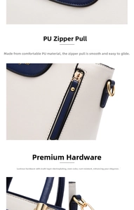 Close-up of golden hardware and navy blue PU leather stitching on a designer handbag