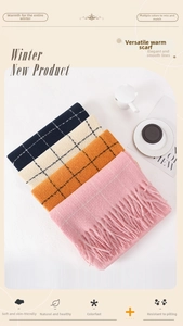 Detailed view of checkered tassel scarves in navy, beige, and yellow winter colors