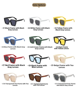 Detailed grid display of twelve colorful oversized square sunglasses in various lens tints