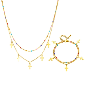 Ethnic style double-layer gold chain necklace and bracelet set with colorful beads and crosses