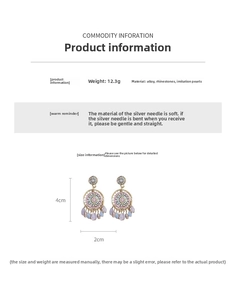 Detail of dreamcatcher pearl earrings with rhinestones and colorful beaded tassels