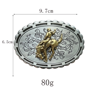 Western zinc alloy belt buckle with cowboy horse riding relief and 9.7x6.5cm dimensions