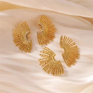 Fashionable gold sunflower stainless steel earrings set with crystal details for women