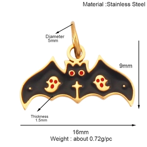 Detailed size specifications for the stainless steel bat charm with black enamel finish