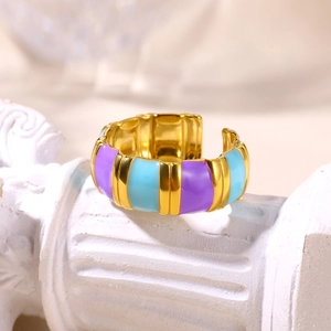 Macro detail of gold-plated enamel ring featuring light blue and purple segments