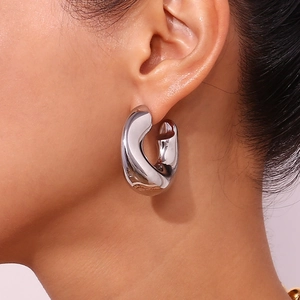Minimalist irregular hollow streamline silver stainless steel hoop earrings for women