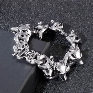 Detailed view of punk style stainless steel wolf head link bracelet in vintage silver