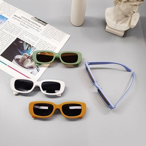 Chic retro rectangular kids sunglasses in Morandi green, ivory white, and mustard orange