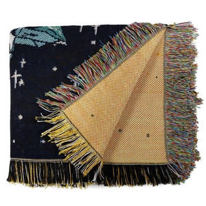 Detailed texture of bohemian woven blanket with vibrant fringe and intricate jacquard pattern