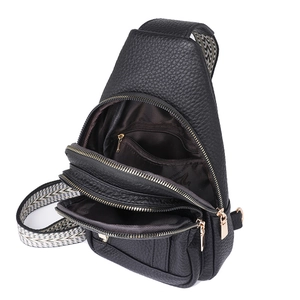 Retro black faux leather chest bag with litchi texture and geometric woven strap