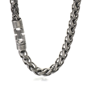 Deep grey stainless steel woven chain necklace with a sturdy metal hinged clasp