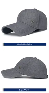Detail view of the metal C logo and twill texture on a grey baseball cap