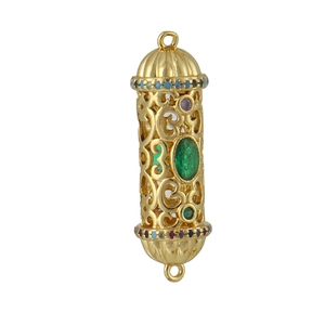 Pendentif cylindre évidé doré avec zircons multicolores et doubles boucles d'attache
