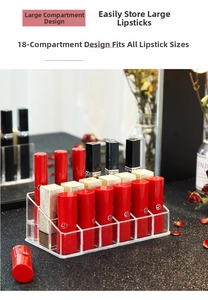 Detailed view of 18 compartments clear acrylic lipstick organizer with dustproof lid