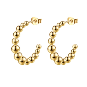 Stainless Steel C Shaped Hoop Earrings With Graduated Metal Beads Geometric Minimalist Fashion Jewelry For Women