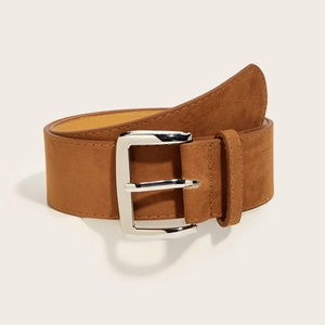 Vintage brown suede wide waist belt with silver rectangular metal buckle for dresses