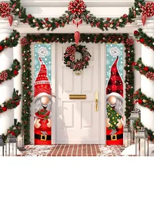 Detailed Christmas door banners featuring festive gnomes with a Christmas tree and gift bag