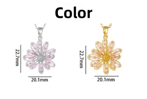 Detailed size view of sunflower pendant necklace with pink zircon petals in gold and silver