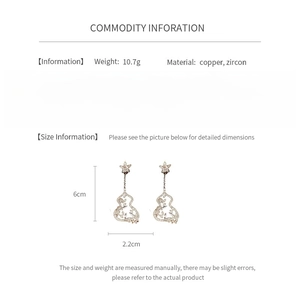 Detail view of flower gourd earrings with dimensions 6cm by 2.2cm and zircon inlay