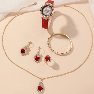 Golden 5-piece jewelry gift set with red heart gems and leather strap quartz watch