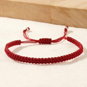 Handmade woven red cord bracelet with adjustable sliding knot and silver metal beads