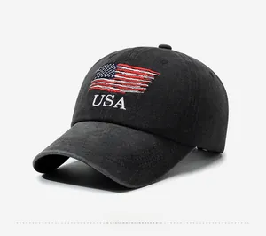 Close-up of USA flag embroidery on washed distressed grey cotton baseball cap