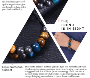Macro detail of triple protection bracelet with tiger eye, hematite and obsidian beads