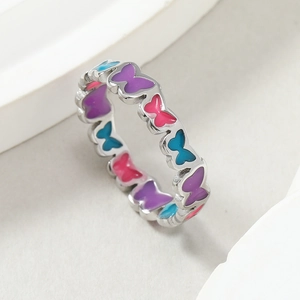 Luminous butterfly chain ring in silver titanium steel with colorful enamel wings