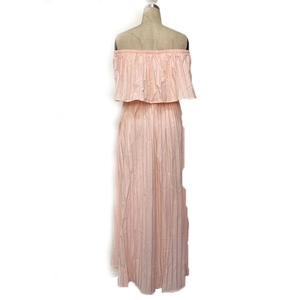 Detail of pink off-the-shoulder pleated chiffon maxi dress showing fine pleat texture