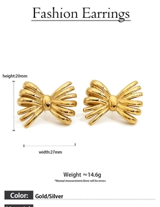 Détails des boucles d'oreilles nœud dorées avec dimensions 20mm x 27mm et poids 14,6g