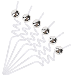 Set of 6 pink spiral straws with black and white pixel disco balls for themed parties