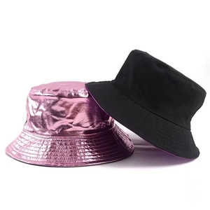 Futuristic pink laser metallic and classic black PU leather bucket hat for women