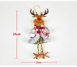 Detail view of plush reindeer ornament with red scarf and bell showing 24x11cm dimensions