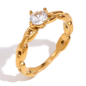 Bague chaîne en acier inoxydable doré 18K avec oxyde de zirconium rond brillant