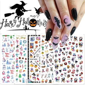 Detailed set of self-adhesive nail stickers featuring Halloween, Christmas, and skull themes