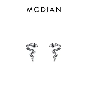 S925 sterling silver snake stud earrings with black gem eyes on white background