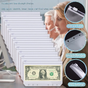 Translucent PVC 6-hole binder pockets with slide zipper for A6 budget planning