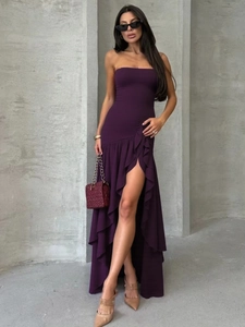 Elegant strapless purple high-low dress with ruffle details for a chic women's look