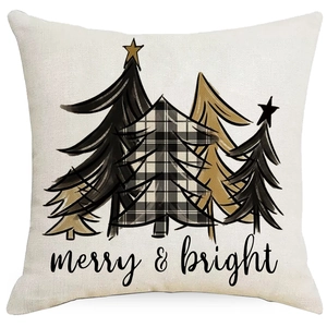 Linen Christmas pillowcase with three festive trees and Merry & Bright text on white background