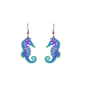 Detailed view of seahorse earrings with iridescent metallic gradient and hook closure